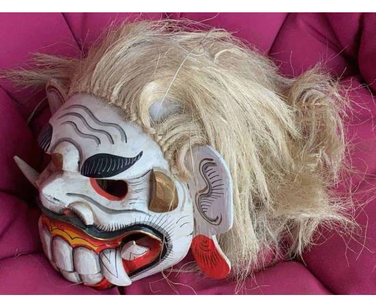 Barong lion mask from Bali, white and red makeup-