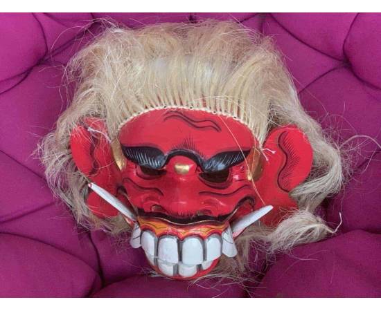 Barong lion mask from Bali, white yellow hairs and red makeup-